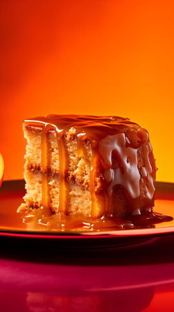 Piece of cake with caramel glaze on a bright orange backgroundの素材