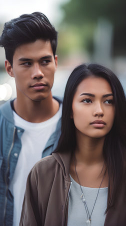 Portrait of young asian man and woman looking at camera outdoorsの素材