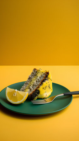 Slice of lemon and poppy seed cake on plate with fork on yellow backgroundの素材