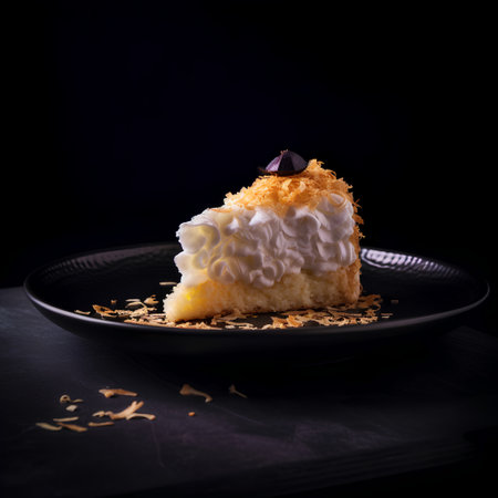 Cake with whipped cream on a black background. Selective focus.の素材