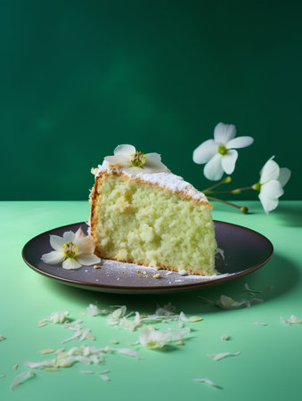 Sponge cake with cream and spring flowers on a green background.の素材