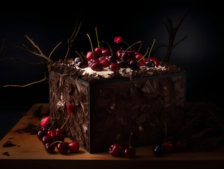 Chocolate cake with cherries on a wooden table. Black background.の素材