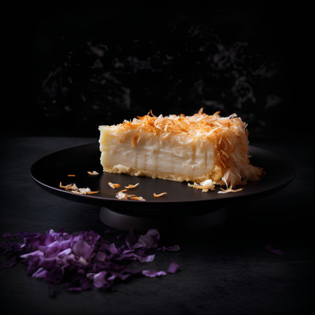 Creamy cheesecake with coconut flakes on a black plate.の素材