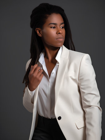 Beautiful african american woman in a business suit. Studio shot.の素材