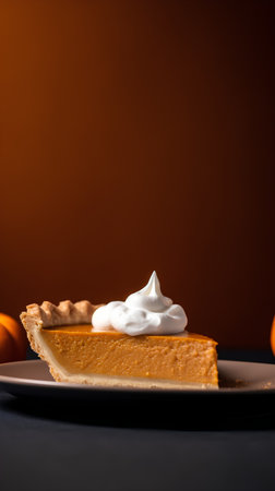 Slice of pumpkin pie with whipped cream on a dark background.の素材