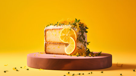 Lemon cake with orange slice on a stand on a yellow backgroundの素材