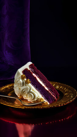 Piece of red velvet cake on a golden plate. Dark background.の素材