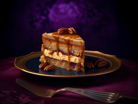 Piece of cake with caramel and pecan on a dark backgroundの素材