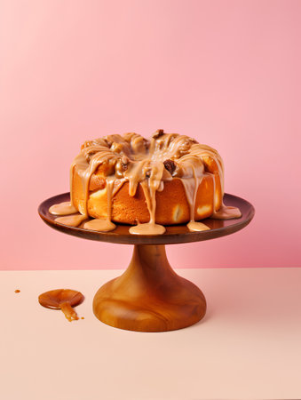 Homemade bundt cake with caramel glaze and nuts on wooden stand on pink backgroundの素材