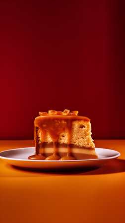 Piece of cake with caramel on a plate on a red backgroundの素材