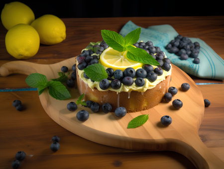 Lemon cake with blueberries and mint on a wooden board.の素材