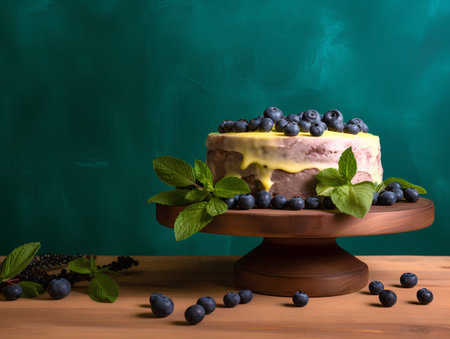 Cake with blueberries and mint on a wooden background. Selective focus.の素材