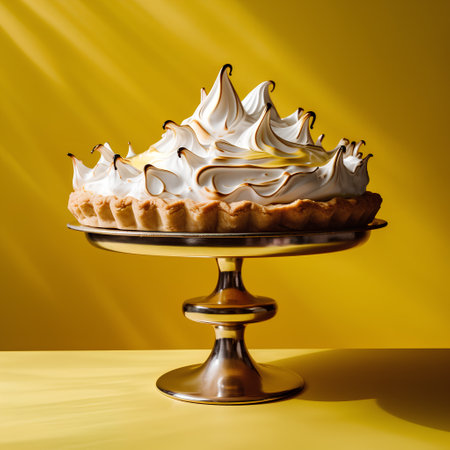 Lemon tart with whipped cream on a golden stand on a yellow backgroundの素材