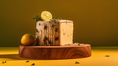 Lemon cake with thyme and lemon on wooden stand on yellow backgroundの素材