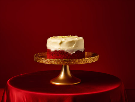 Red velvet cake with cream on a golden stand on a red backgroundの素材