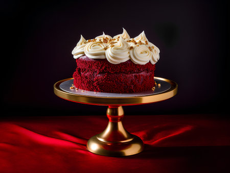 Red velvet cake with white cream on a golden stand on a red backgroundの素材