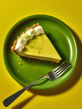 Piece of cheesecake on green plate with fork on yellow backgroundの素材