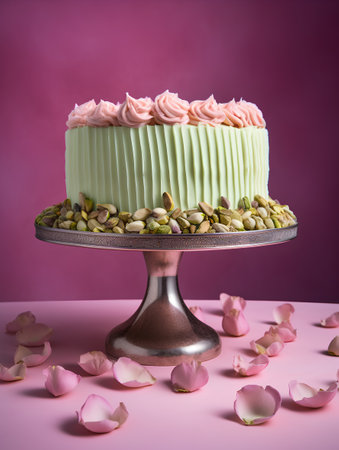 Pistachio cake with pink cream and pistachios on a pink backgroundの素材