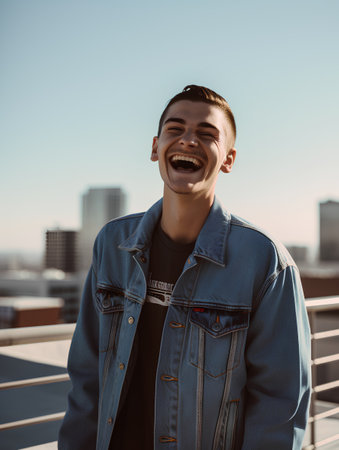 Portrait of a smiling young man in a denim jacket on the roofの素材