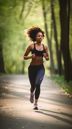 Young beautiful African American woman running in the park. Fitness and healthy lifestyle.の素材