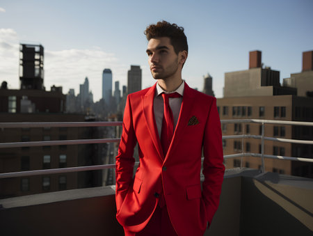 Handsome young man in a red suit on the roof of a skyscraperの素材