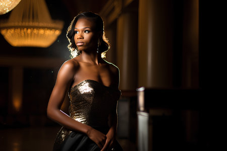 beautiful african american woman in evening dress on black backgroundの素材