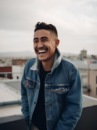 Portrait of a happy young man laughing on the roof of a building.の素材