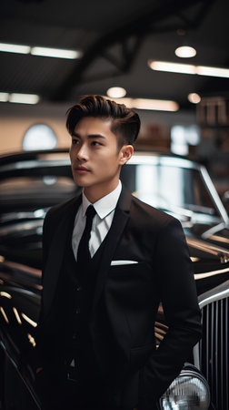 Young handsome asian man in black suit and tie standing near luxury carの素材