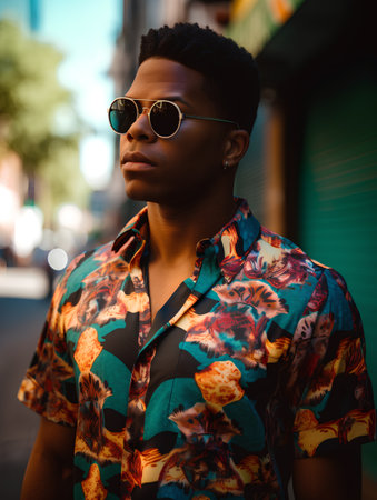 Portrait of young african american man wearing sunglasses in an urban contextの素材