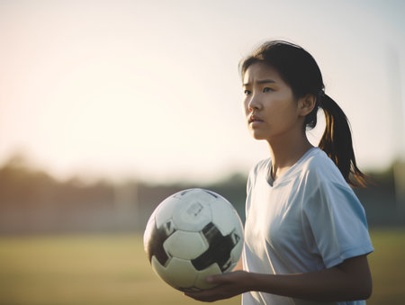 young asian woman soccer player holding ball on the field at sunsetの素材