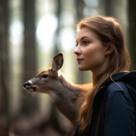 Beautiful young woman with a wild deer in the autumn forest.の素材