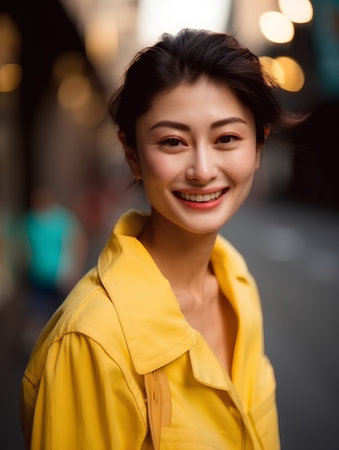 Portrait of a beautiful young asian woman smiling in the cityの素材