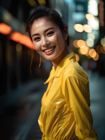 Beautiful asian woman in yellow dress walking in the city at nightの素材
