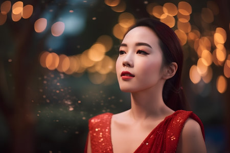 Portrait of a beautiful asian woman in red dress with bokeh backgroundの素材