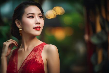 Beautiful asian woman in red dress with bokeh backgroundの素材