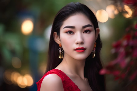 Beautiful asian woman in red dress, closeup portrait.の素材