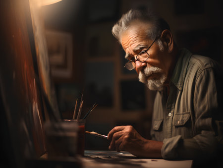 Portrait of a senior man painting a picture in his workshop.の素材