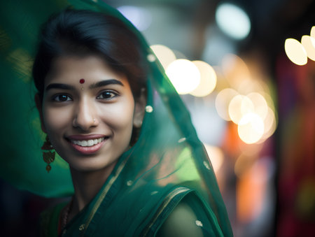 Portrait of a beautiful Indian woman wearing saree and looking at cameraの素材