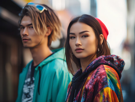 Fashionable young couple posing in the city streets. Outdoor portrait.の素材