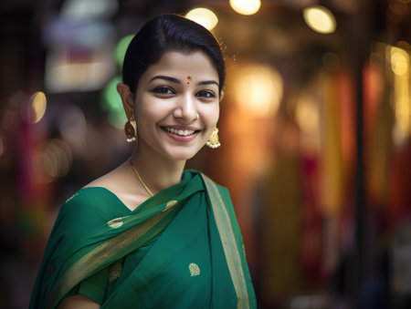Portrait of a beautiful indian woman wearing saree at nightの素材