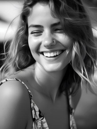 Portrait of a beautiful young woman smiling on the beach. Black and white photo.の素材