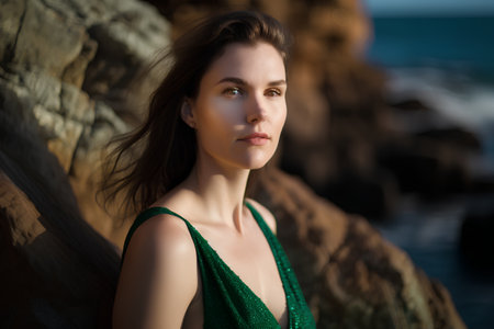 Portrait of a beautiful girl in a green dress on the beachの素材