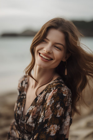 Portrait of a beautiful young woman on the beach, smiling.の素材
