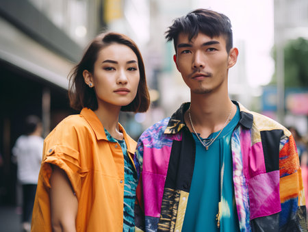 Portrait of a young asian couple standing in the city.の素材