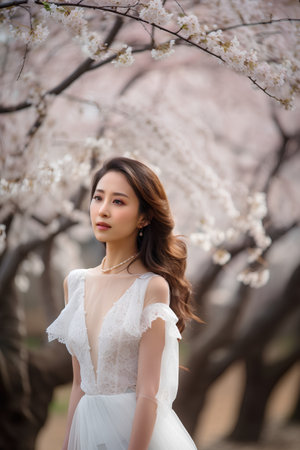 Portrait of a beautiful asian woman in white dress and cherry blossomの素材