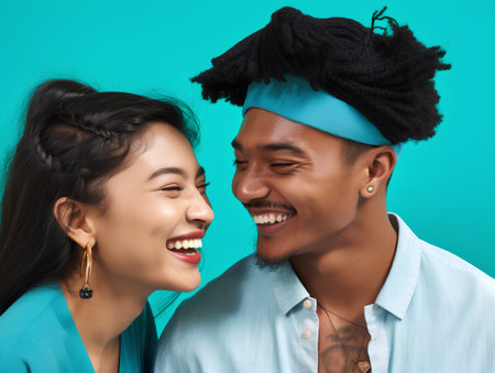 happy asian man and woman in turquoise clothes laughing togetherの素材