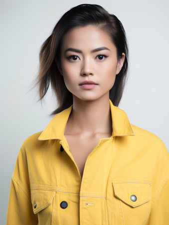 Beautiful young asian woman in yellow jacket, studio shot.の素材