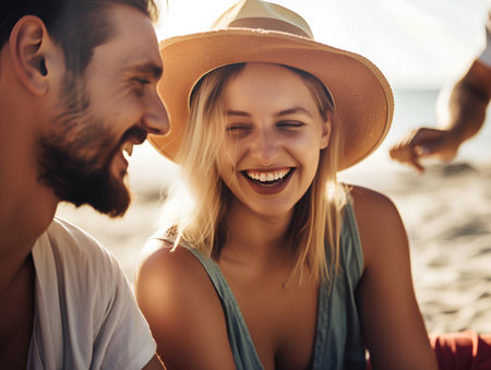 Happy young couple on the beach at the day time. People having fun on the beach.の素材