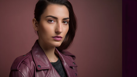 Portrait of a beautiful young woman in leather jacket. Beauty, fashion.の素材