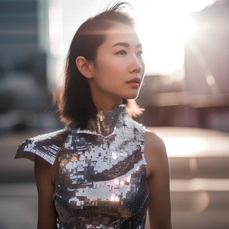 Portrait of a beautiful asian woman in silver dress at sunsetの素材